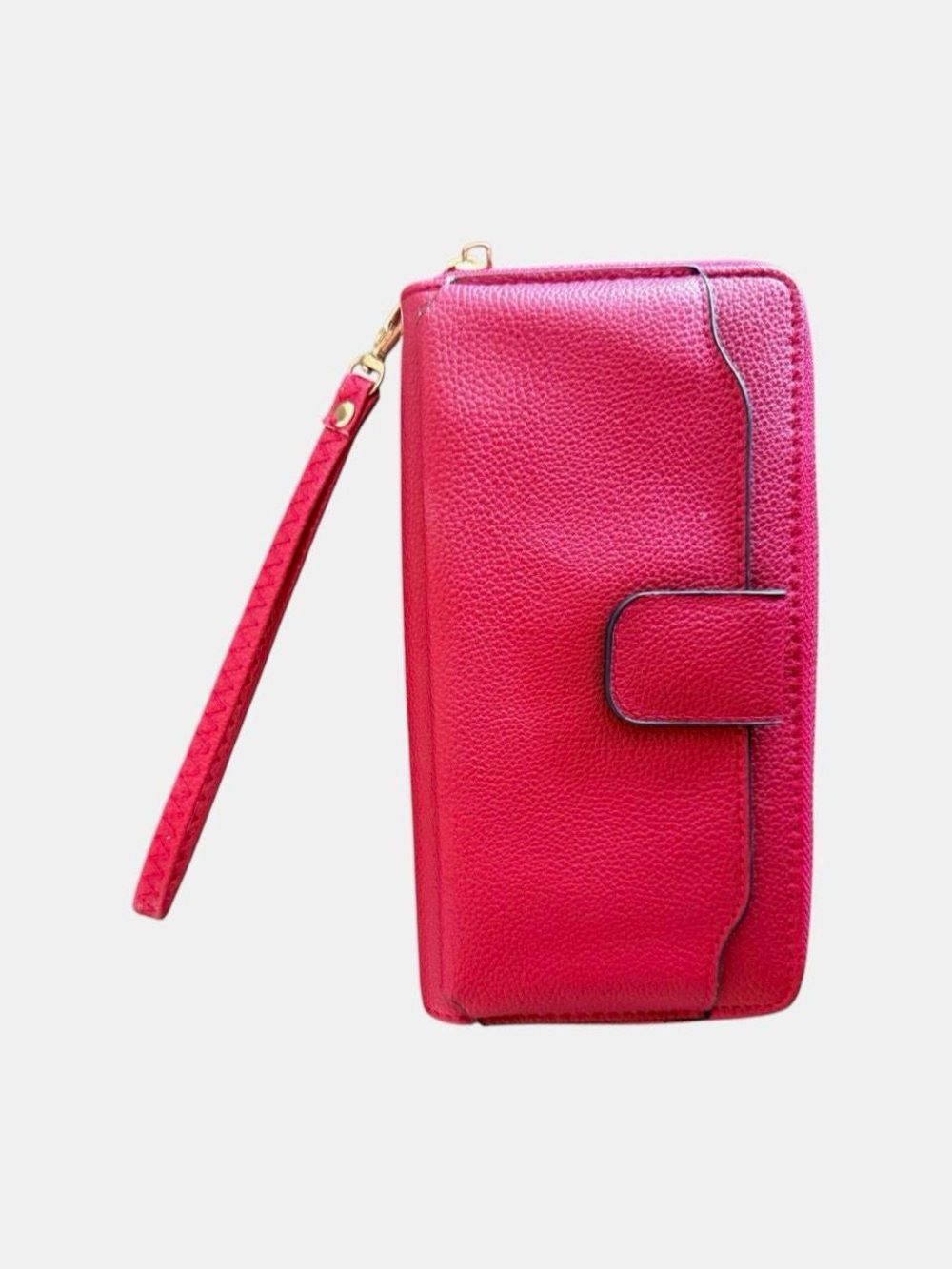 Preppy Minimalist Red Pebbled Faux Leather Zipper Wristlet Wallet Clutch